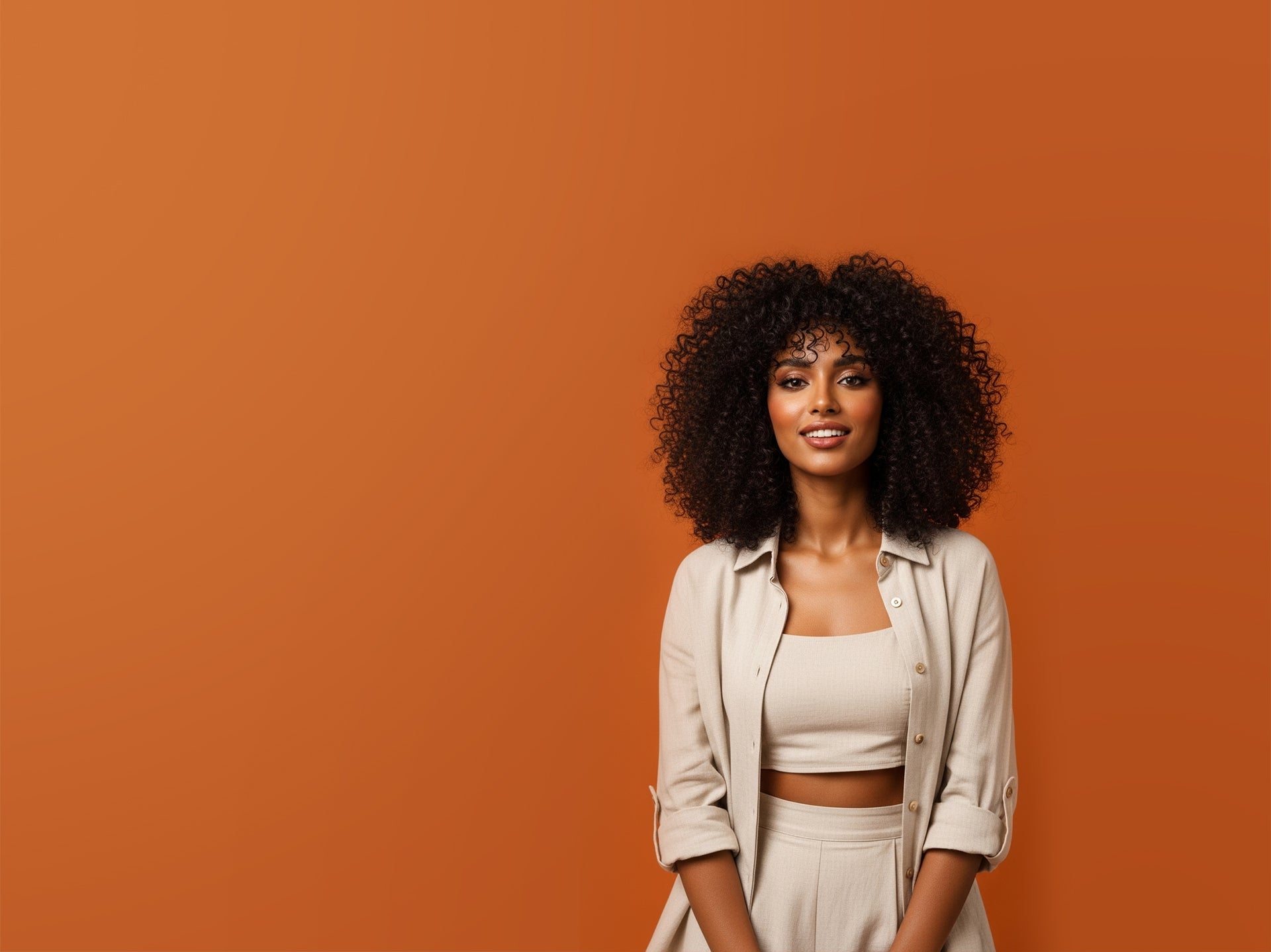 Woman with an afro hairstyle wearing a Linen beige outfit against an orange background