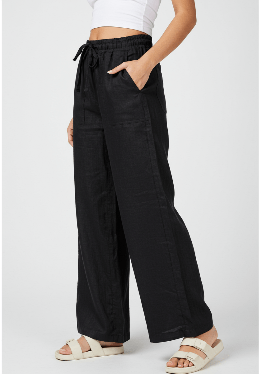 Women's Wide Leg Linen Blend Pants - Classic Black - Flumi