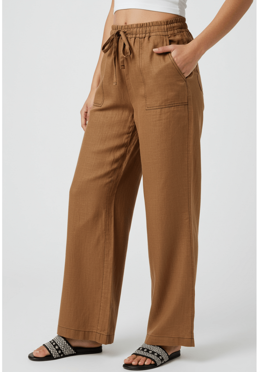 Women's Wide Leg Linen Blend Pants - Light Brown - Flumi